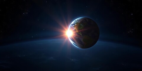 Fototapeta premium Earthrise over star field; sun's rays illuminating planet, cosmos, heavenly bodies