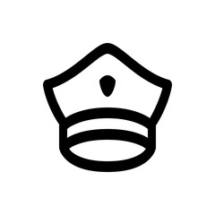 Illustration of a simple black and white police hat with a brim and a small badge on the front side view