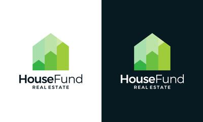 House fund logo design. Abstract house building vector design with marketing, funding and investment management graphic icon symbols