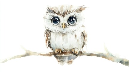 Naklejka premium Adorable Watercolor Owl on Branch: A Whimsical Watercolor Painting of a Cute Baby Owl Perched on a Delicate Branch