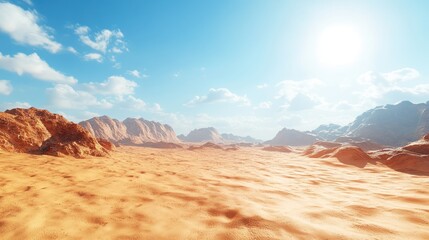Naklejka premium Sunny desert landscape, vast horizon, mountains in the distance. Possible stock photo use showcasing a vast desert landscape