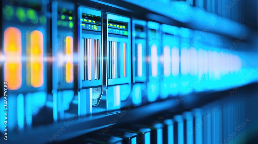 Poster Bright blue and orange illuminated server units in a modern data center, showcasing digital storage and processing power. Perfect for tech services, cloud hosting, and data-driven applications