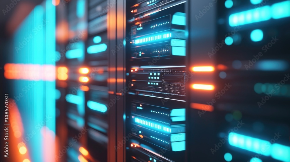 Poster vibrant server racks lit with orange and cyan lights in a futuristic data center, highlighting cloud