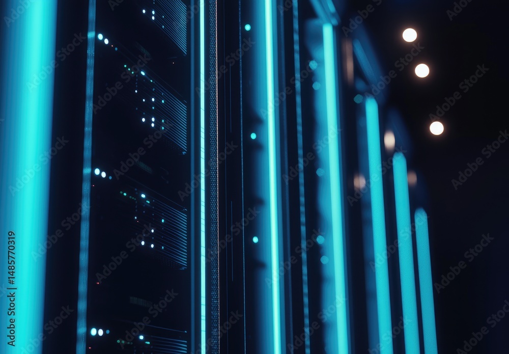 Poster Futuristic glowing blue server racks in a data center, emphasizing digital infrastructure and cloud computing. Ideal for tech websites, IT services, cybersecurity, and cloud platform promotions