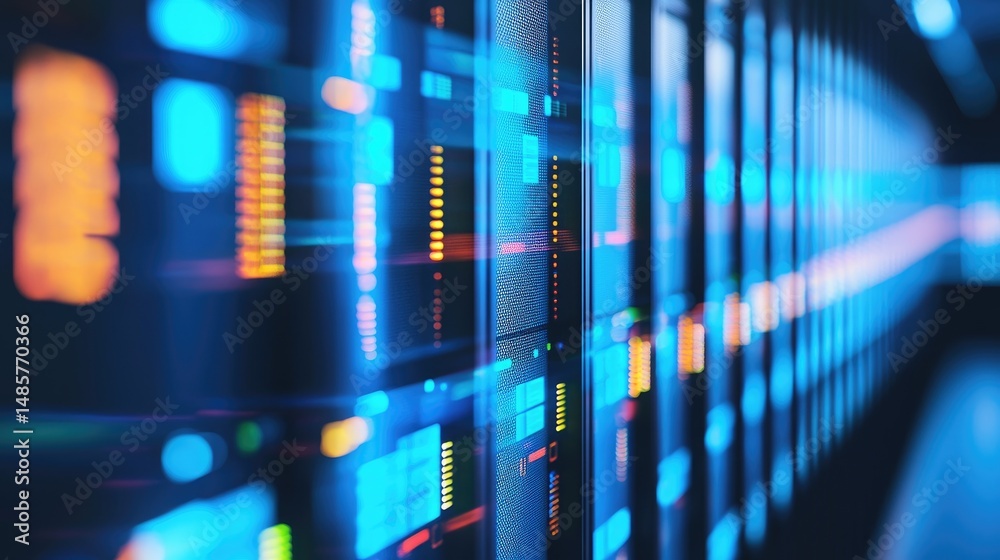 Poster Close-up view of illuminated server racks with multicolored lights in a futuristic data center. Suitable for cloud platforms, IT networks, cybersecurity visuals, and digital infrastructure themes