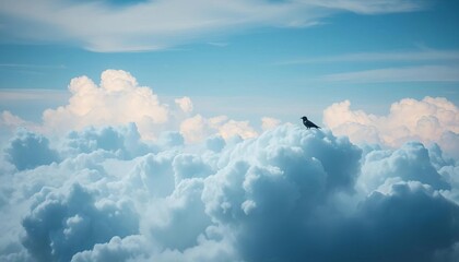 Dreamy, ethereal porous cloudscape; a lone bird rests on a fluffy blue cloud , blue sky, fantasy