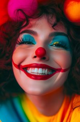 Close-up portrait of happy young woman in cheerful clown makeup.