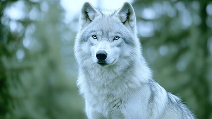 Obraz premium Close-up of a majestic white wolf in a forest setting.
