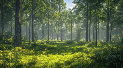 Fototapeta premium Sunny Forest Interior, Sunlight Filtering Through Trees, Peaceful Atmosphere, Stock Photo