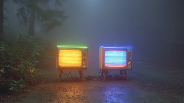 Retro TVs in Misty Forest Night.