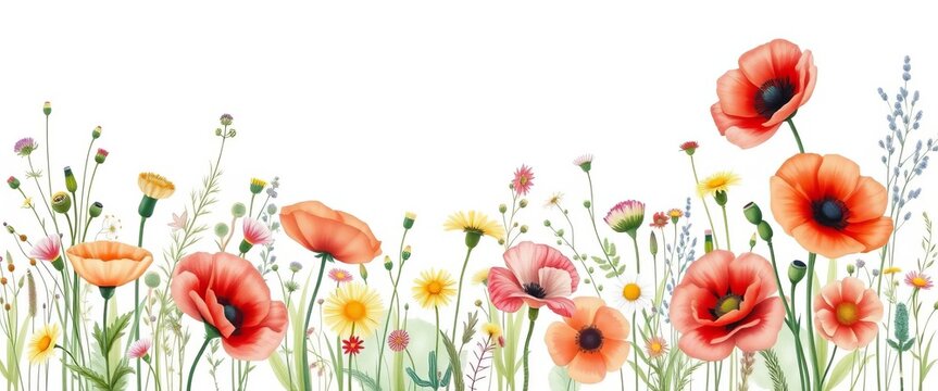 Fototapeta Delicate watercolor wildflowers border, seamless repeat pattern featuring poppies, chamomile, dandelions & more, pretty, flower power
