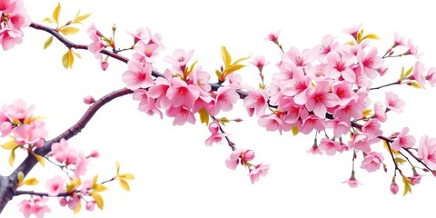 Fototapeta premium Delicate watercolor cherry blossom tree, vibrant pink flowers, flowing branches, spring leaves on white background, watercolor, image