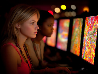 bright image of a team of quality assurance specialists reviewing data on a computer screen to ident