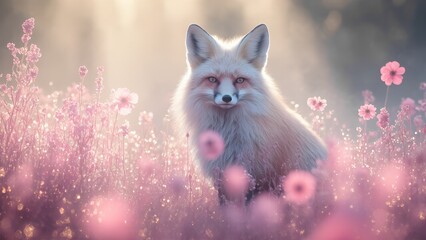 A beautiful white fox standing amidst delicate pink flowers and foliage in a soft, dreamlike setting.