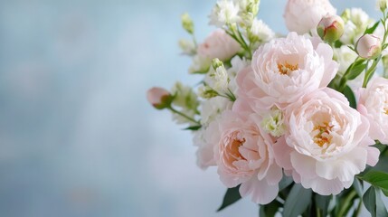 Obraz premium Wedding invitation background with pastel peony bouquet and elegant minimal design