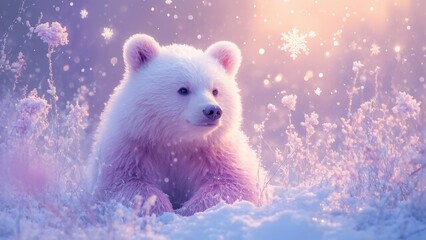  A sweet image of a fluffy white polar bear cub sitting in a gentle, snowy environment with soft pink and white hues.