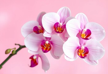 Obraz premium Delicate pink backdrop, soft focus orchid blossoms, ample copy space Spring floral greeting card design, image, nature