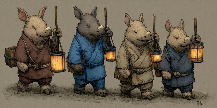 imaginative illustration of animals carrying miniature floats and lanterns during a whimsical japane