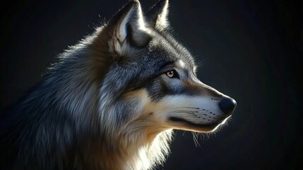 Fototapeta premium Close-up profile view of a wild wolf in low light.