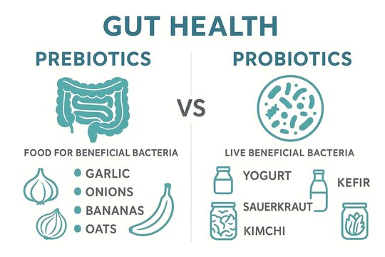 Comparison of prebiotics and probiotics for gut health, listing foods that support beneficial bacteria and live cultures. Concept Prebiotics vs Probiotics, Gut Health Benefits