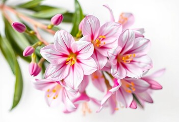 Fototapeta premium Delicate freesia blossoms, vibrant hues, intoxicating fragrance, pure white background, studio shot, flower