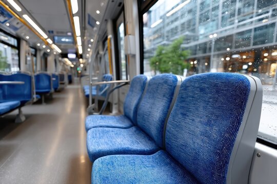 An empty train carriage captured on a rainy day, featuring textured blue seating and reflections that evoke feelings of solitude and quiet introspection within urban settings.