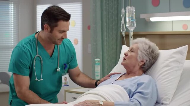 Caring Male Nurse Attending To Elderly Woman in Hospital Bed Room with Compassionate Interaction Providing Medical Assistance and Showing Support