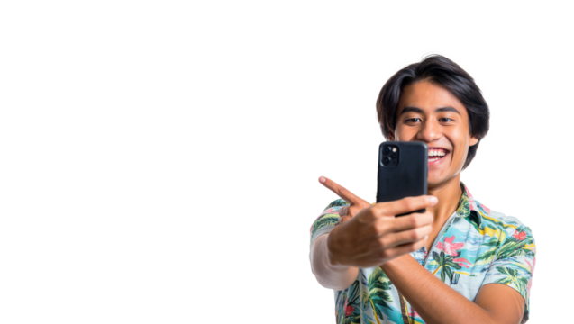 Happy young man in floral shirt taking selfie with smartphone, smiling, casual style, social media moment, modern technology, communication, isolated on transparent background