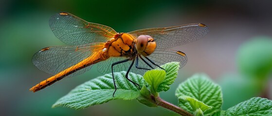 Golden dragonfly perches delicately on verdant leaves