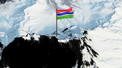 The national flag of Gambia flies on a snowy mountain peak in 4K clarity, symbolizing unity and pride. A vivid display of Gambian identity in a high-resolution natural setting.

