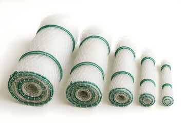 A series of rolled fishing nets of varying sizes, tied with green straps. Concept Rolled Fishing Nets, Varying Sizes, Green Straps, Outdoor Equipment, Maritime Essentials