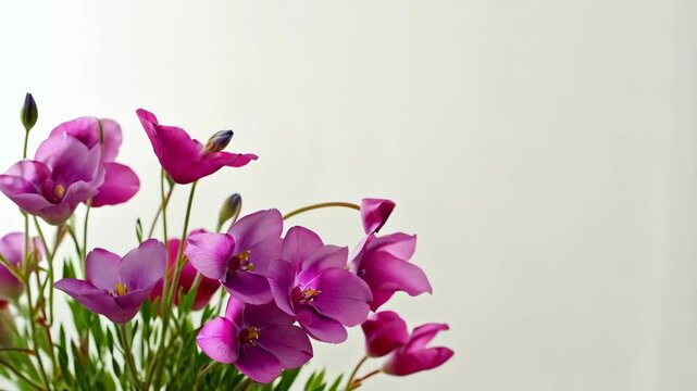 Close-up of elegant pink Sparaxis flowers with green stems against a simple, light background