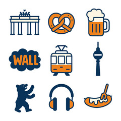 Berlin icon set featuring Brandenburg Gate, pretzel, beer mug, wall art, tram, and currywurst, in modern flat vector style, 3-color palette, transparent background.