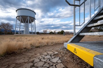 A water tower stands tall against a backdrop of cracked earth and dry grass, depicting the juxtaposition of modern infrastructure in a struggling rural landscape.