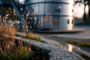 Obraz premium Golden grasses frame the lower part of a shiny water tank, capturing a tranquil moment in nature where artful landscape meets industrial structures.