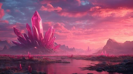 Vibrant digital art of a sunset sky over a peaceful landscape featuring pinks and purples