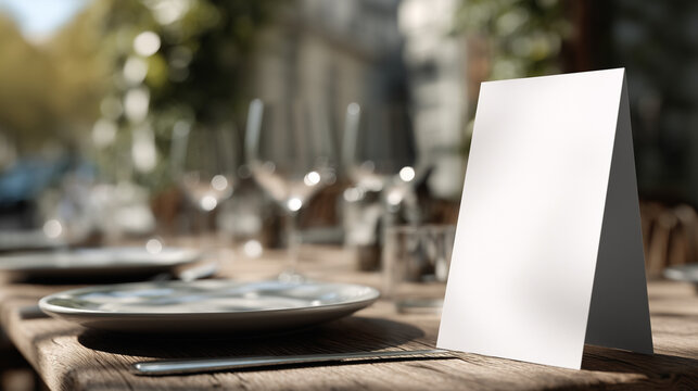 white folded menu mockup standing upright on wooden restaurant table