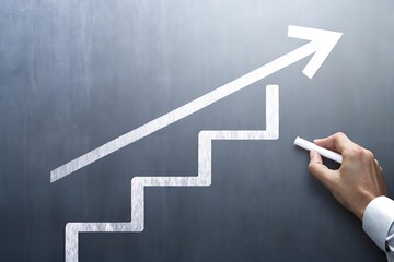 Hand drawing upward trending graph with stairs on blackboard symbolizing growth progress and success