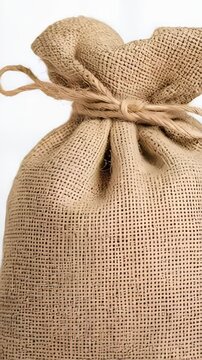 Small burlap sack tightly bound with twine, showcasing natural fiber texture and rustic packaging against pristine white background, revealing detailed surface and vintage aesthetic