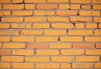 Cracked stucco, faded ochre paint reveals aged brick, uneven surface texture, crack, old
