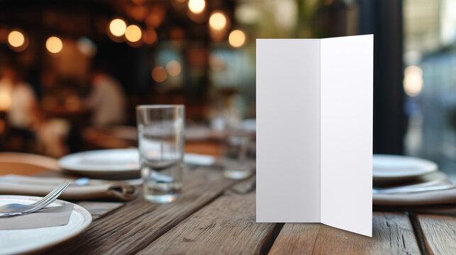 white folded menu mockup standing upright on wooden restaurant table