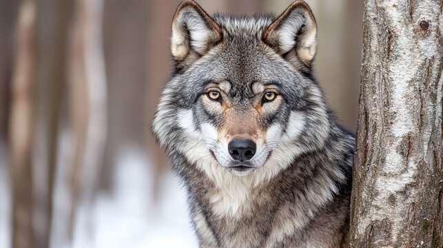 Close-up portrait of a gray wolf in a snowy forest.