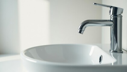 Clean white bathroom sink with chrome faucet, ready for use , sanitaryware, modern, close-up
