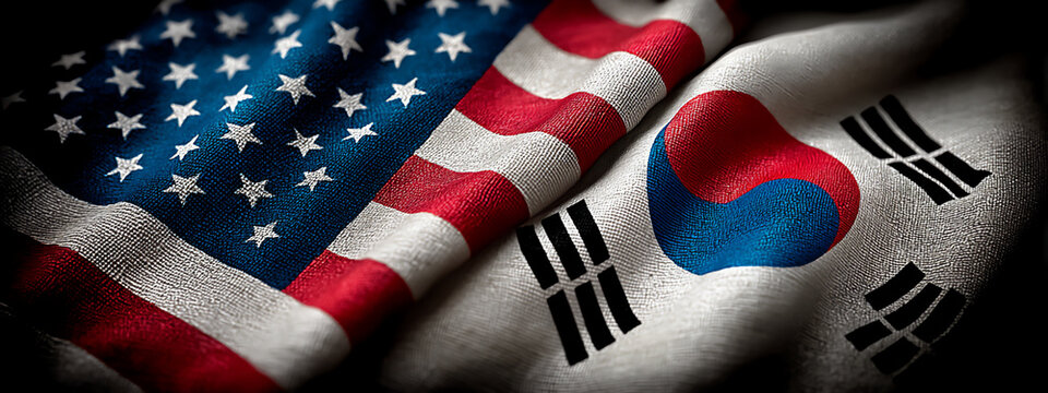 3d rendering of the american and south korean flags flying at a korean war memorial