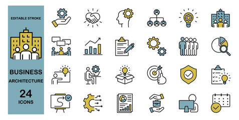 Colored business architecture line icon set. Business, company, management, strategy. Editable stroke. Vector illustration