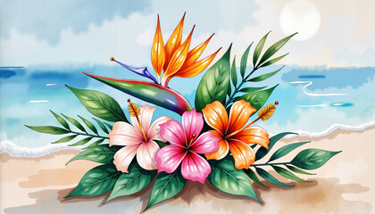 Tropical wedding floral arrangement with hibiscus  by the ocean  on sandy beach, romantic invitation, Watercolor style
