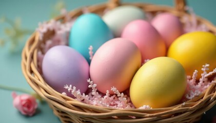 Close-up of vibrant pastel Easter eggs in a basket, showcasing a variety of colors , chocolate, pink