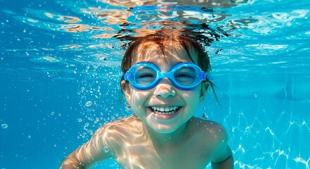 Naklejka premium Child Underwater in Blue Goggles Smiles