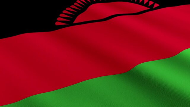 Malawi Flag Waving Gently in the Wind, Close-Up Full-Frame Perspective, Soft Fabric Texture, Slow Motion, Natural Movement, Waving Flag Background