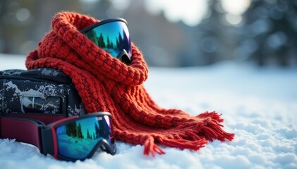 Cozy knitted scarf draped over winter sports equipment , winter, ice, striped